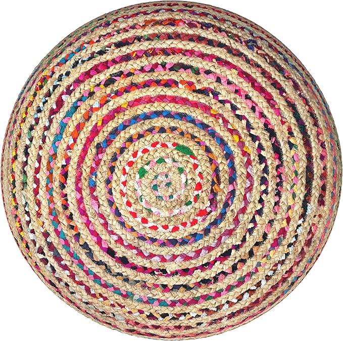 SIMPLIHOME Margo Large Round Pouf - 30 inch Wide Handwoven Jute and Cotton Braided Ottoman in Multi-Color, Boho Footstool or Extra Seating for Living Room or Bedroom with Swirl Pattern, Assembled