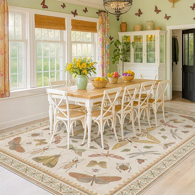 Large Western Rugs for Living Room - 10x14 Insect Area Rug for Dining Room Under Kitchen Table, Washable Low Pile Soft Boho Butterfly Decor