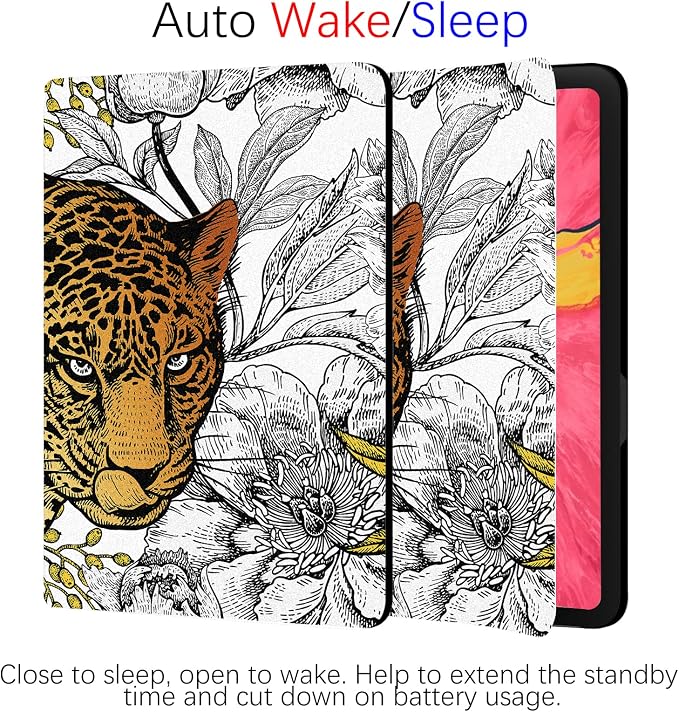 Berkin Arts for iPad mini 7th 2024 &amp iPad mini 6th 2021 (8.3 Inch) Folio Case Premium Leather Cover Maximalism Leopard Peonies Floral Pattern Animal Beast