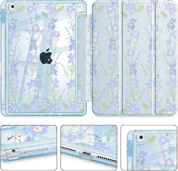Mektron Sparkly Case for iPad 10.2 inch Glitter Tablet Cases for iPad 9th Gen 2021/8th Gen 2020/7th Gen 2019 Cover with Shiny Clear Back Shell Foldable Bling Smart Cover Blue Floral
