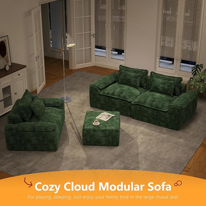 Hobestluk Cloud Single Sofa with Ottoman Memory Foam Couch with Deep Seat L Shaped Sofa with Removable Cover Large Couch for Living Room (Green, Single Sofa with One Ottoman)