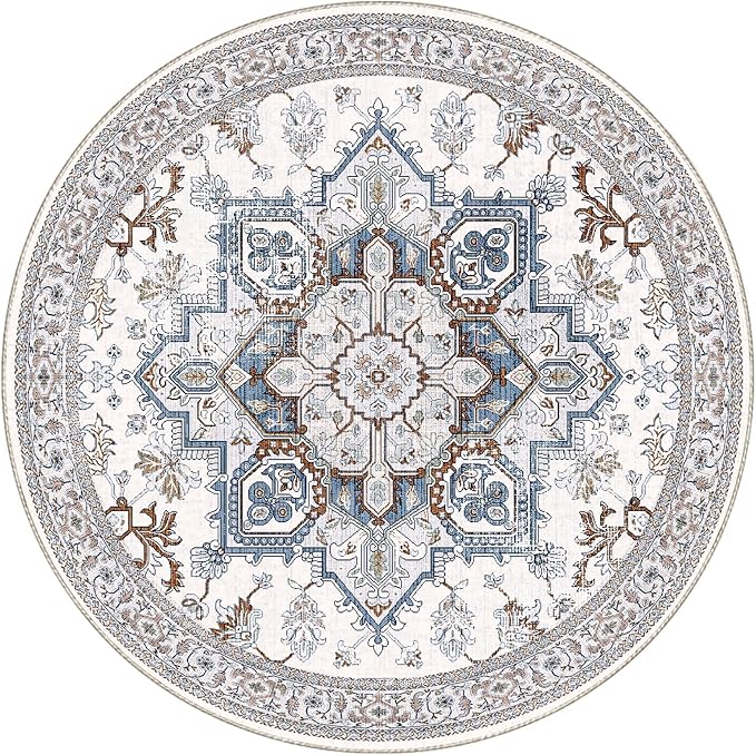 OPPODREAM Thin Round Rug 5ft, Neutral Washable Circle Rug 5ft with Non Slip Backing Play Room, Low-Pile Carpet 5 ft, Faux Cashmere Throw Carpet, Cream White & Blue & Light Brown