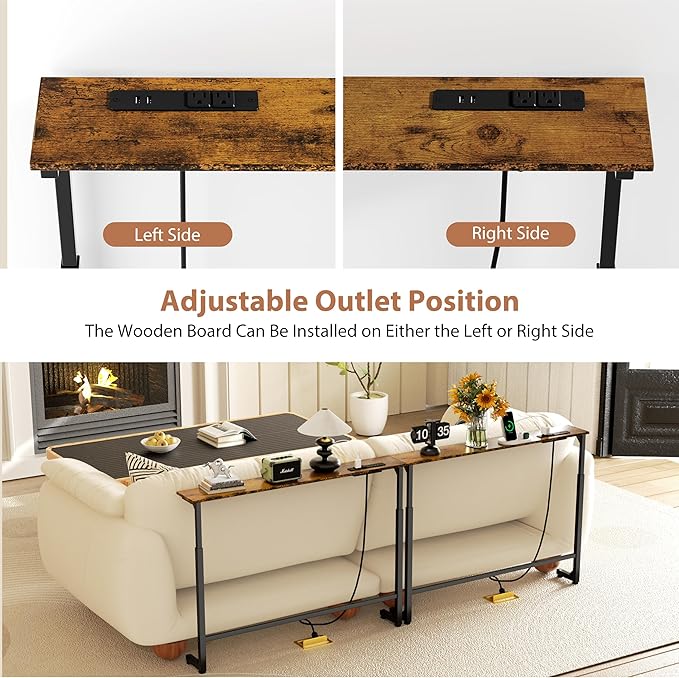 GRLEAF 2 Pack Adjustable Height Narrow Console Table with Power Outlets, 78.7" Long Sofa Table with Charging Station Behind Couch Table Entryway Table for Living Room and Hallway – Rustic Brown