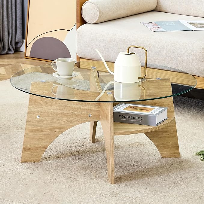 LKTART 31.5" Round Glass Coffee Table with Tempered Glass Top and MDF Base, Diagonal Fan-Shaped Tray Design Table Leg Simple & Modern Center Table for Living Room Office Apartment Wood