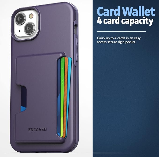 ENCASED Protective Wallet Case Designed for iPhone 14 with Card Holder and Screen Protector (4 Credit Cards/IDs) - Purple