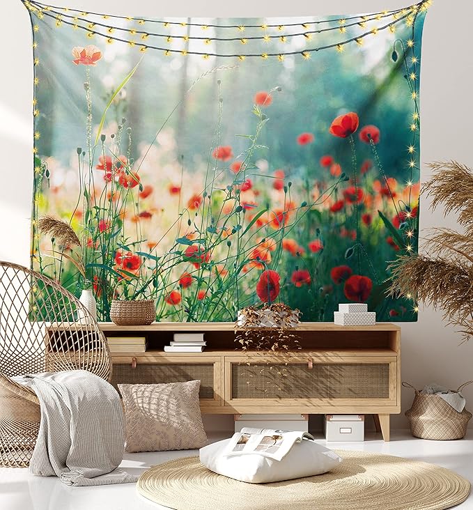 Ambesonne Nature Tapestry Queen Size, Wild Red Poppy Flowers Field Summertime Sunbeams Gardening Bedding Plants, Wall Hanging Bedspread Bed Cover Wall Decor, 88" X 88", Red Green Yellow
