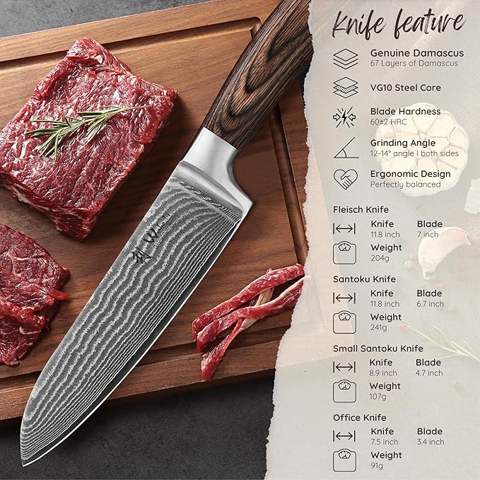Wakoli EDIB 4-Piece Damascus Knife Set, VG10 Core Damascus Stainless Steel