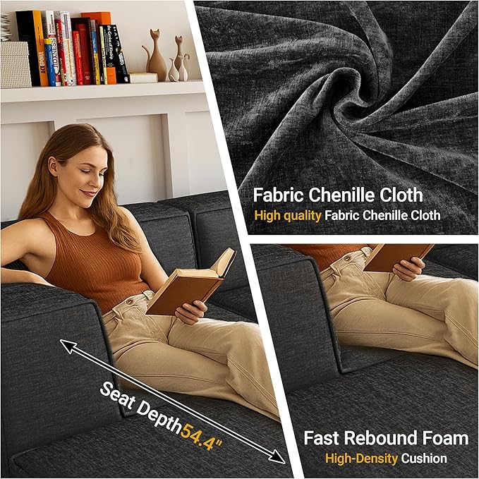 106" Sectional Compressed Sofa Modular Couches L-Shape with Chaise,High-Density Foam No Assembly Required,4-Piece(2xCorner 1xArmless 1xOttoman) for Living Room Chenille Dark Grey