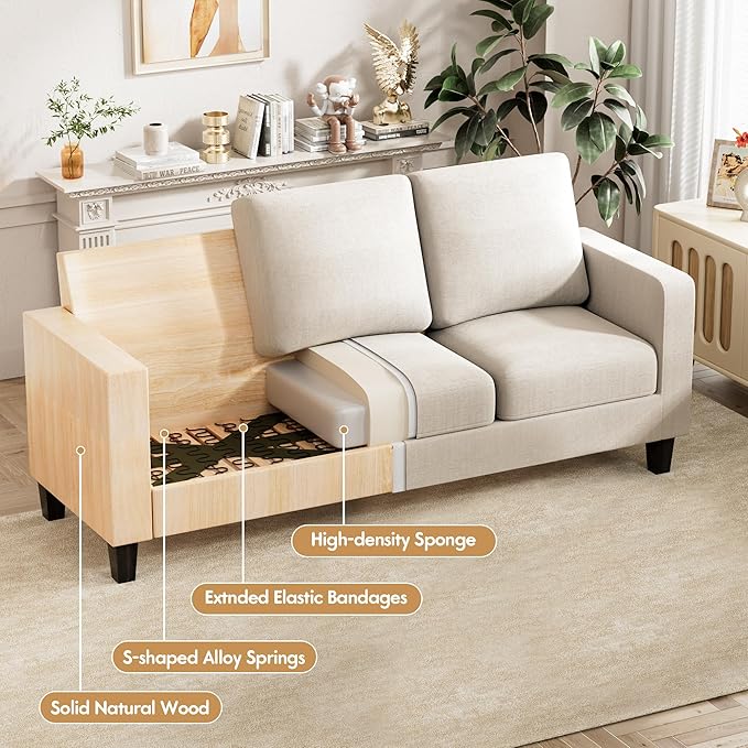 VICTONE Convertible Sectional Sofa Couch, 3 Seat L-Shaped Sofa with Linen Fabric Ottoman Small Couch for Small Apartments, Living Room and Office (Linen Fabric, White)