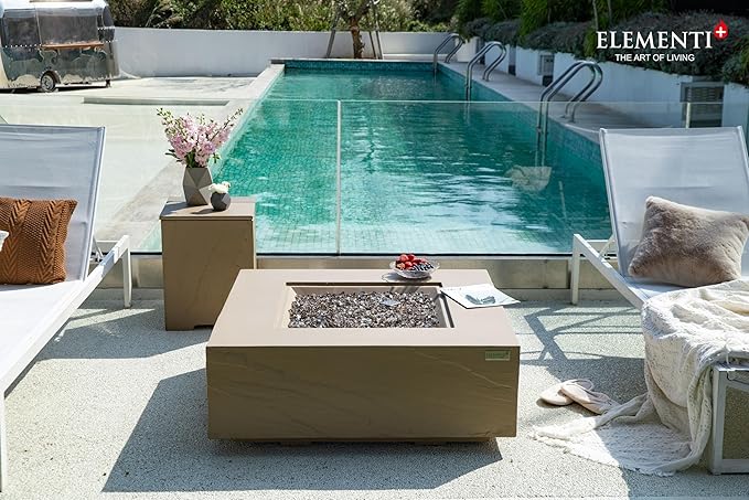 Elementi+ | Uluru Gas Fire Pit Cast Concrete 40" Square Fire Table, Outdoor Fire Pit Electronic Ignition | Canvas Cover, Fire Glass and Burner Lid Included | Sunlight Yellow | Natural Gas