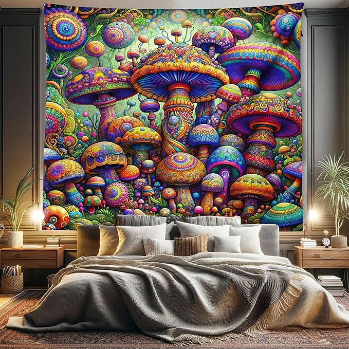Ambesonne Mushroom Tapestry King Size, Art Trippy Jungle with Colorful Huddles of Oriental Motifs Outer World Psychedelic, Wall Hanging Bedspread Bed Cover Wall Decor, 104" X 88", Multicolor