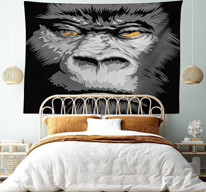 Ambesonne Modern Tapestry Queen Size, Close up Gorilla Portrait with Orange Eyes Zoo Jungle Animal Wild Money Graphic, Wall Hanging Bedspread Bed Cover Wall Decor, 88" X 88", Grey Marigold