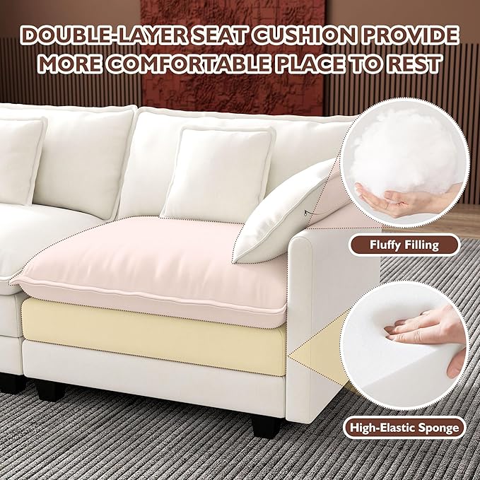 Ihanherry 114" V-Shaped Modern Sofa Modular Sectional Cloud Couch with Corner Section, 5-Seat Chenille Deep Seat Sofa with 5 Pillows for Living Room, Bedroom and Apartment, Beige