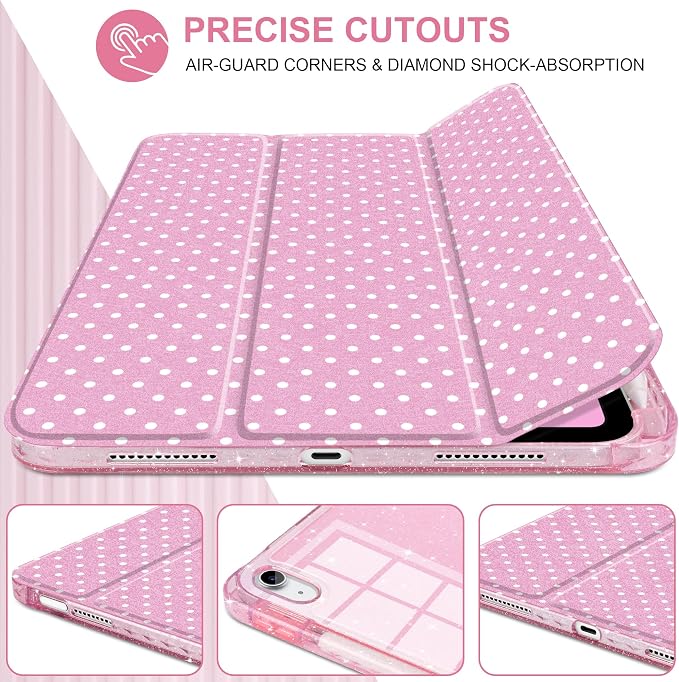 MEEgoodo Case for iPad A16 11th Generation 2025/10th Generation 2022 Glitter Tablet Cases with Transparent Acrylic Back+Trifold Stand +Pencil Holder+Auto Wake/SleepAbstract Sun &amp Palm Tree