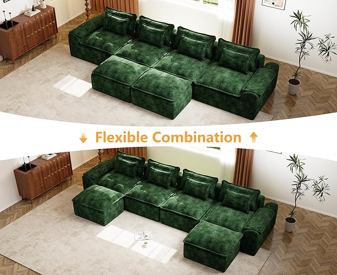 Hobestluk 152" Cloud Modular Sectional Couch 4-Seater Sofa with Ottomans U Shaped Couch Deep Seat Sofa with Removable Cover for Living Room (Green, 4-Seater Sofa with Two Ottomans)