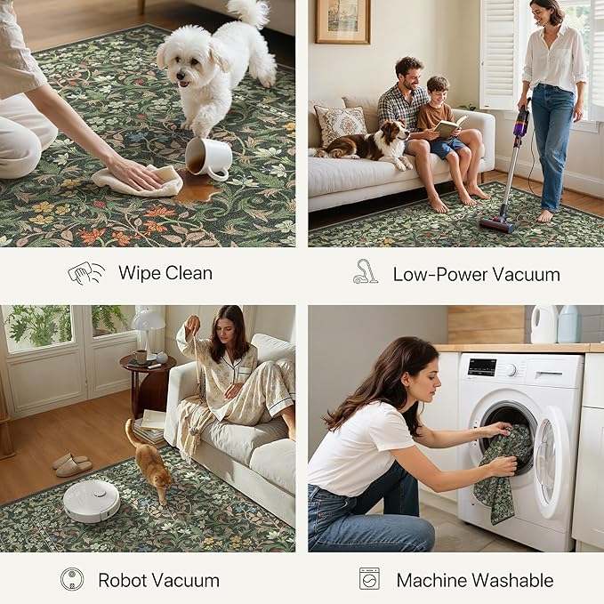 GENIMO Floral Washable Runner Rug 2’6”x10’, Non-Slip Long Hallway Carpet for Entryway, Kitchen, Indoor Floor Use, Vintage Boho Soft Thin Rug Décor, Emerald Green