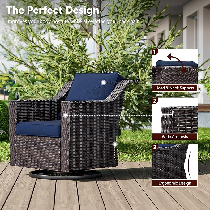 6 Pieces Wicker Patio Furniture, Luxury Outdoor Furniture with 2 Patio Swivel Chair, 3-Seater Sofa, 2 Patio Ottoman and 1 Side Table, Wide Armrest, Thickened Cushions