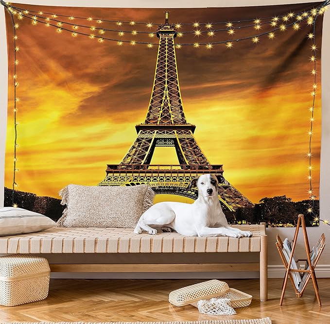 Ambesonne Eiffel Tower Tapestry King Size, Paris Love City Monument in Dramatic Sunrise Picture of French Landmark, Wall Hanging Bedspread Bed Cover Wall Decor, 104" X 88", Yellow Brown