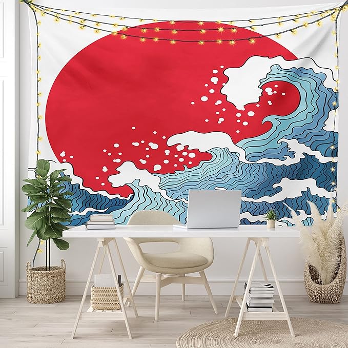 Ambesonne Japanese Wave Tapestry, Big Red Sun Setting Scenery Tropical Nautical Tsunami Swirls, Fabric Wall Hanging Decor for Bedroom Living Room Dorm, 30" X 45", Red Blue White