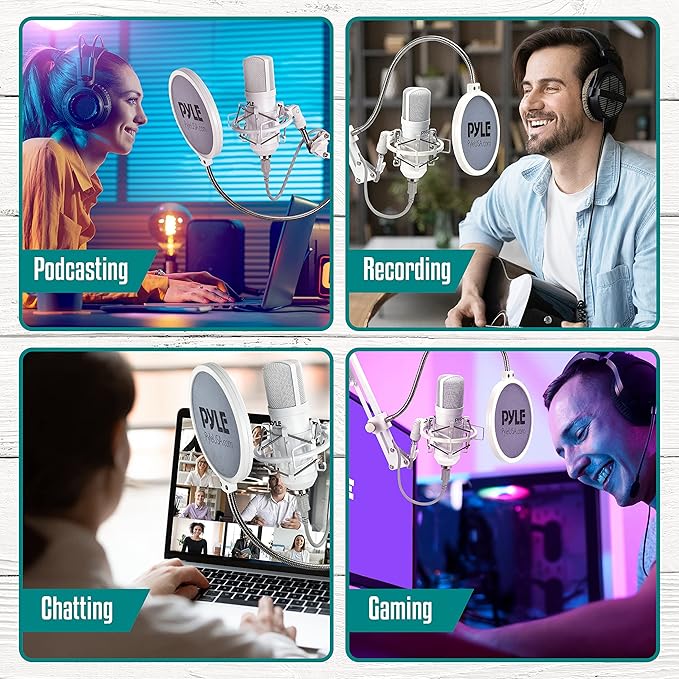 Pyle USB Condenser Microphone Streaming Kit - Professional Computer/Mac Mic Audio Cardioid Boom with Adjustable Arm Stand & Pop Filter for Podcast, Gaming, Studio, YouTube