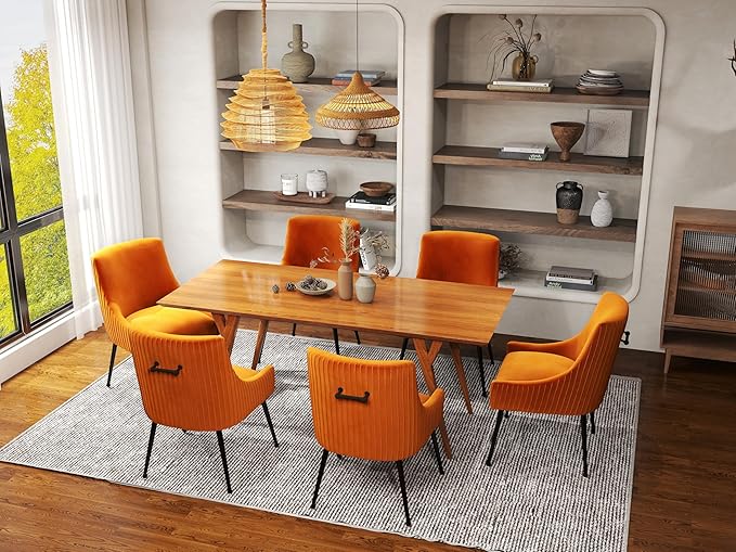 Velvet Dining Chairs Set of 2,Orange Upholstered Living Room Chairs with Black Metal Legs, Modern Tufted Accent Chairs for Living Room, Study Room, Kitchen