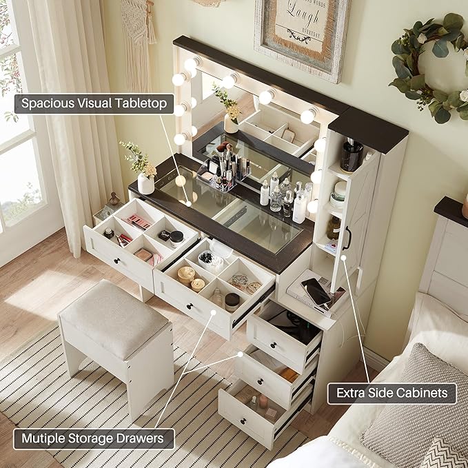 JXQTLINGMU Farmhouse Vanity Makeup Desk with Charging Station, 43" W Vanity Desk with Lights Mirror and Drawers for Makeup, Big Modern Makeup Table Set with Stool for Bedroom, Off White