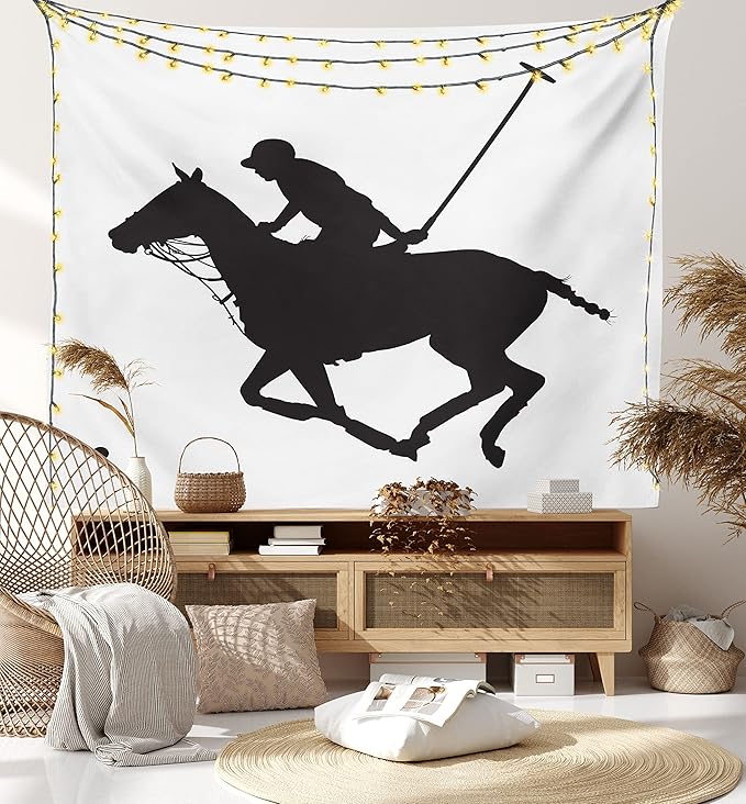 Ambesonne Sports Tapestry, Silhouette Illustration of Polo Player on a Horse Hitting a Ball Print, Fabric Wall Hanging Decor for Bedroom Living Room Dorm, 45" X 30", Charcoal Grey