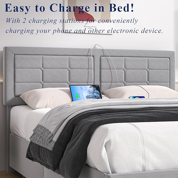 VECELO Queen Size Bed Frame with 4 Storage Drawers & Adjustable Headboard, Built-in Charging Station, Upholstered Bedframe with Wood Slats Support, Light Grey