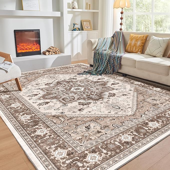 OPPODREAM Thin Area Rugs 3x5, Washable Rugs with Non Slip Backing, Low-Pile Throw 3x5 Carpet, Faux Cashmere 3 x 5 Carpet, Khaki