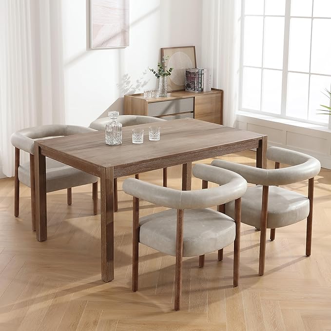 PU Leather Dining Chairs Set of 4, Modern Upholstered Dining Chairs, Curved Backrest Kitchen Dining Room Chairs Accent Chairs Arm Chairs with Natural Wood Legs, Grey
