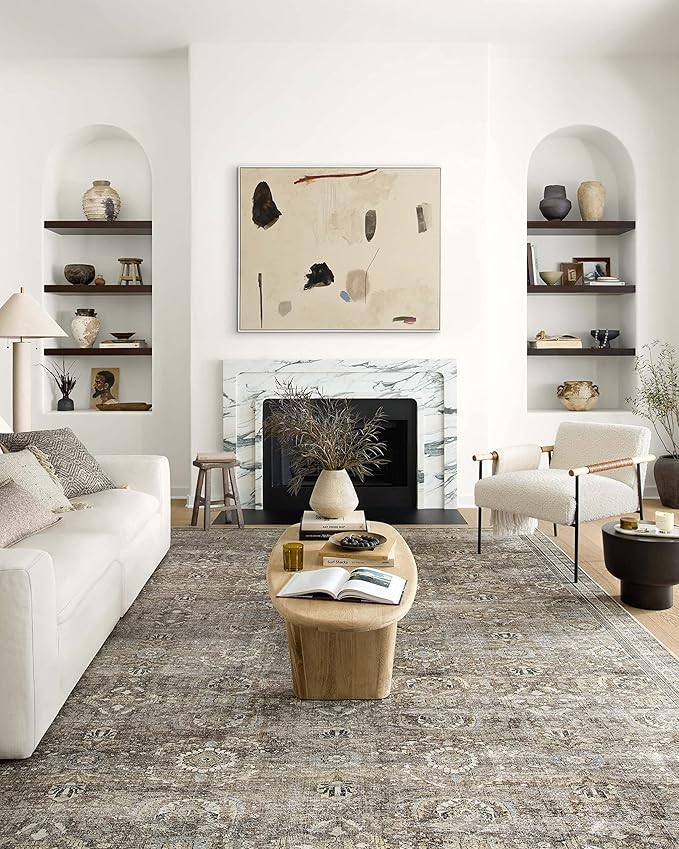 Loloi Layla Collection LAY-13 Antique/Moss 9'-0" x 12'-0" .13" Thick Area Rug, Soft, Durable, Vintage Inspired, Distressed, Low Pile, Non-Shedding, Easy Clean, Printed, Living Room Rug