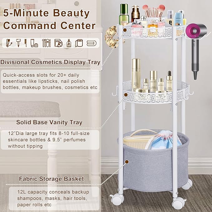 Makeup Organizer Cart with Hair Dryer Holder, 3-Tier Round Rolling Makeup Cart, Small Space Floor Vanity Organizer Cosmetic Display Cases for Skin Care Perfume Nail Polish Brush Tools, White