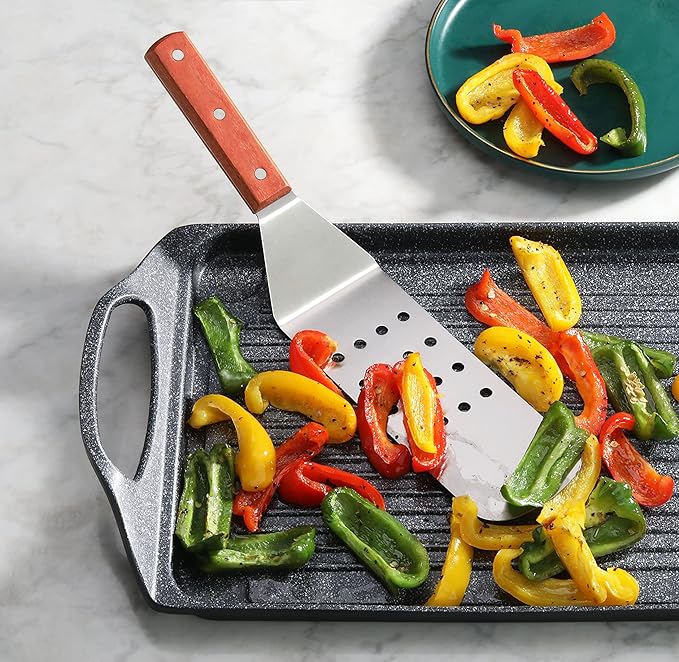 New Star Foodservice 14.5 Inch Perforated Flexible Grill Turner, Stainless Steel Spatula with Wood Handle for Griddle, Flat Top, Grill, and Restaurant Use