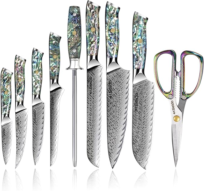 Seido Awabi 13-Piece VG-10 Damascus Knife Block Set, Abalone Handles