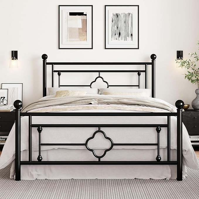 SHA CERLIN 14 Inches Queen Size Metal Platform Bed Frame/Vintage Iron-Art Headboard and Footboard/Mattress Foundation for Storage/No Box Spring Needed/Noise-Free/Easy Assembly/Black