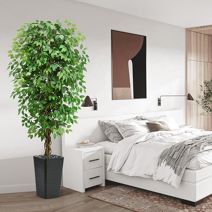 Artificial Ficus Tree 6FT Faux Floor Tree with Planter UV Resistant Potted Fake Silk Plant-Indoor Outdoor Lifelike Fake Ficus Tree for Home, Living Room Bedroom Topiary Tree