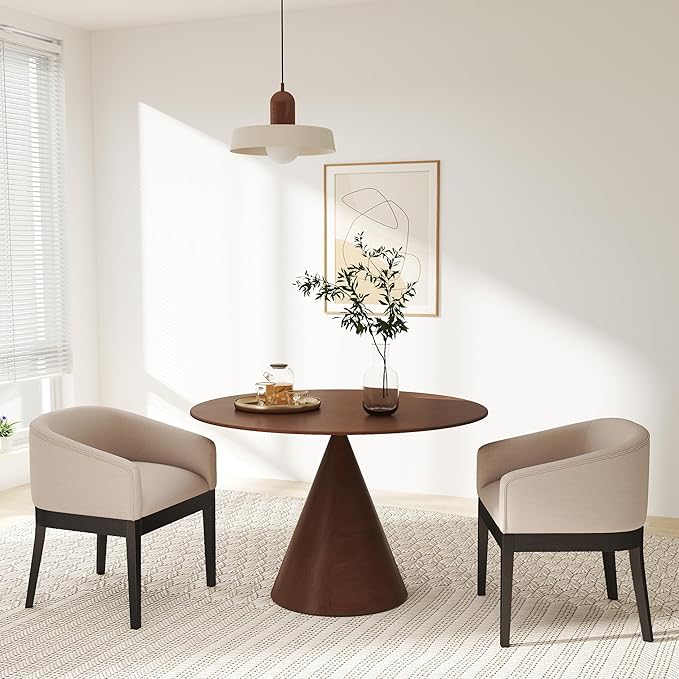 Mid-Century Modern Beige Dining Chairs Set of 6, Linen Upholstered Kitchen Dining Room Chairs with Black Wood Legs, Curved Backrest Armchairs, Beige