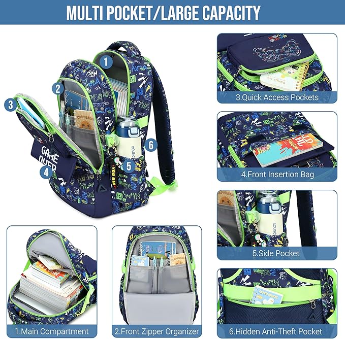 Makukke Kids Backpack for School Boys, 15.6" Gamer Backpack with Lunch Box & Pencil Case, Bookbag For Elementary, Middle School