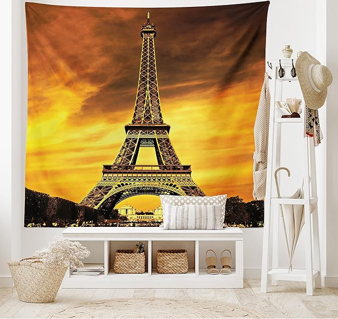 Ambesonne Eiffel Tower Tapestry King Size, Paris Love City Monument in Dramatic Sunrise Picture of French Landmark, Wall Hanging Bedspread Bed Cover Wall Decor, 104" X 88", Yellow Brown