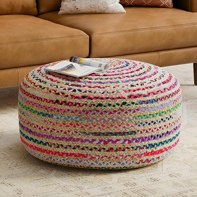 SIMPLIHOME Margo Large Round Pouf - 30 inch Wide Handwoven Jute and Cotton Braided Ottoman in Multi-Color, Boho Footstool or Extra Seating for Living Room or Bedroom with Swirl Pattern, Assembled