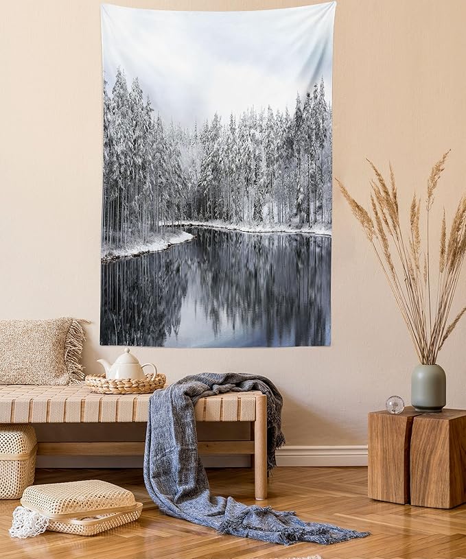 Ambesonne Woodland Tapestry Queen Size, Lake Surrounded by Snow Covered Trees on a Cold Winter Day in Finland Reflections, Wall Hanging Bedspread Bed Cover Wall Decor, 88" X 88", White Brown