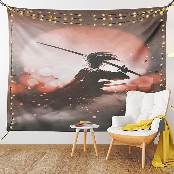 Ambesonne Japanese Tapestry, Reflection of Samurai Practicing Sunset Background Free from Death Concept, Fabric Wall Hanging Decor for Bedroom Living Room Dorm, 45" X 30", Salmon Umber