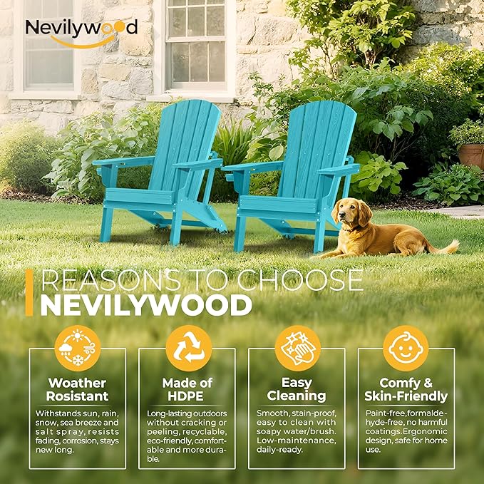 nevilywood Folding Adirondack Chair - Extended Ergonomic Backrest, Cup Holder - Easy Assembly - Durable HDPE Plastic, Weather Resistant & Maintenance-Free - Lawn, Patio, Deck Supports 380lbs Aruba
