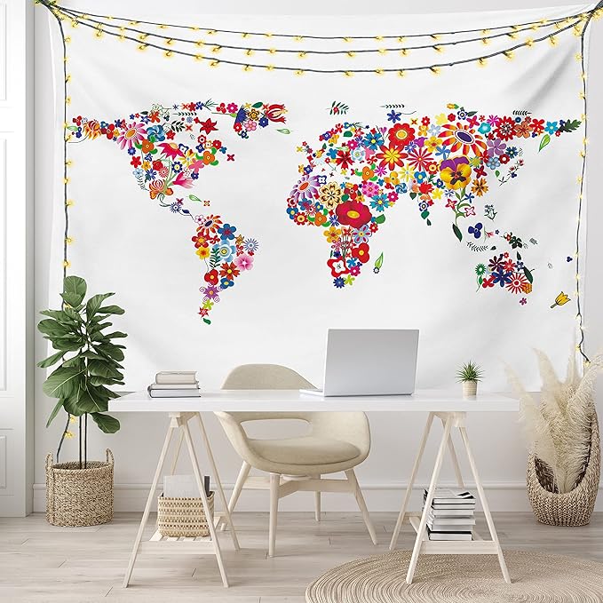 Ambesonne Floral World Map Tapestry, Bunch of Flower Petals Essence Fragrance Garden Growth Theme Atlas Image, Fabric Wall Hanging Decor for Bedroom Living Room Dorm, 28" X 23", Red White
