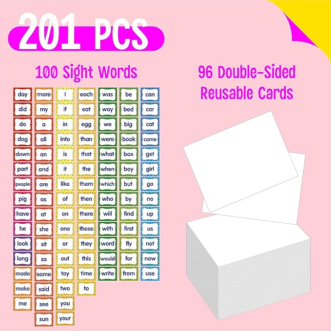 First Sight Word Cards, 100 First Word Cards & 96 Double-Side Erasable Blank One Pocket Chart Cards for Beginning Reading, Sight Reading, Early-Reading, Students Classroom Home School Use