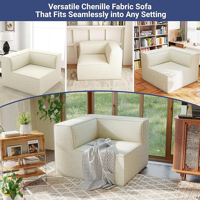 38“ Modular Sectional Sofa Convertible Cube Couch Seat Set, Combine L-Shaped U-Shaped, Free Assembly, Space-Saving for Living Room, Thick Foam Fabric Chenille Beige White (Only Corner)