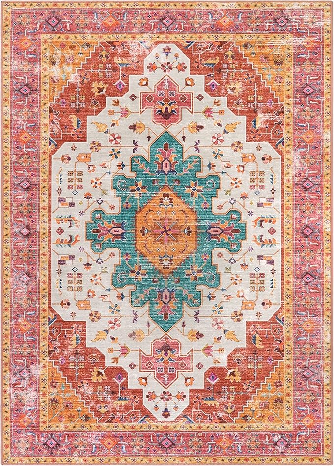 Moynesa Ultra-Thin Washable Vintage Area Rug - 5x7 Large Bedroom Boho Non-Slip Non-Shedding Living Room Mat Oriental Medallion Floor Carpet for Kids Nursery Room Office, Pink/Teal/Multi