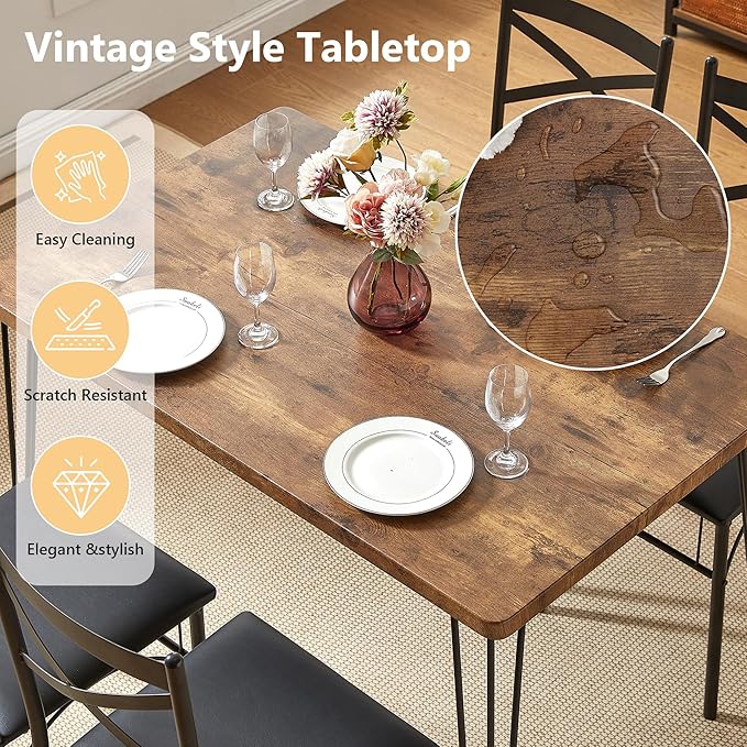 VECELO 5-Piece Dining Table Set for Home Kitchen Small Space Breakfast Nook, 4 Faux Leather Metal Frame Chairs, Retro Brown,Set for 4