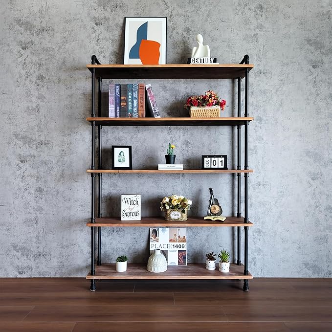 Industrial Bookshelf, 5-Tier Pipe Shelf, Wall Mounted Bookcase for Home and Office (Weathered Brown, 48" L x 11.8" W x 70" H)