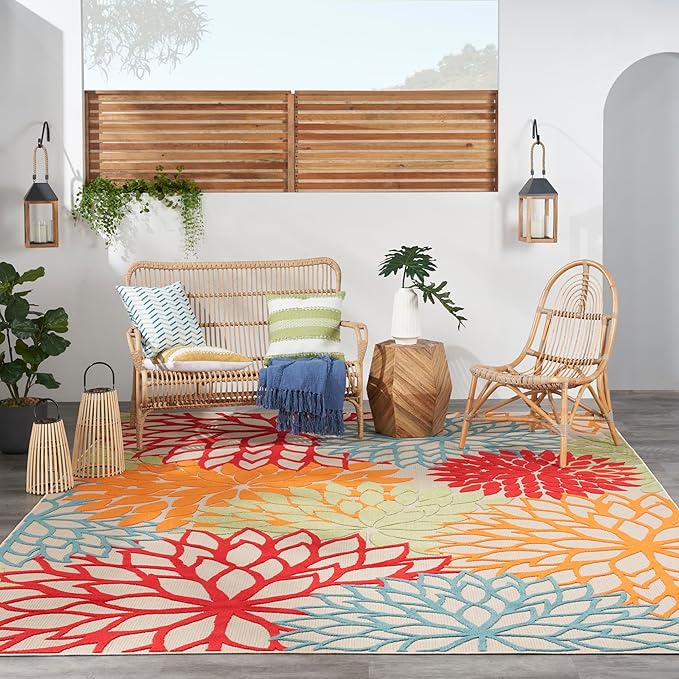 Nourison Aloha Indoor/Outdoor Green 9' x 12' Area Rug, Tropical, Botanical, Easy Cleaning, Non Shedding, Bed Room, Living Room, Dining Room, Deck, Backyard, Patio (9x12)